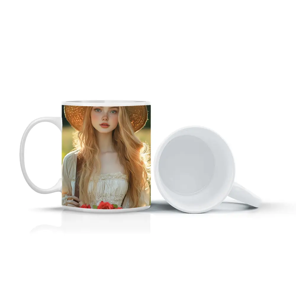 Young Woman Roses Basket Sunny Field – Mugs