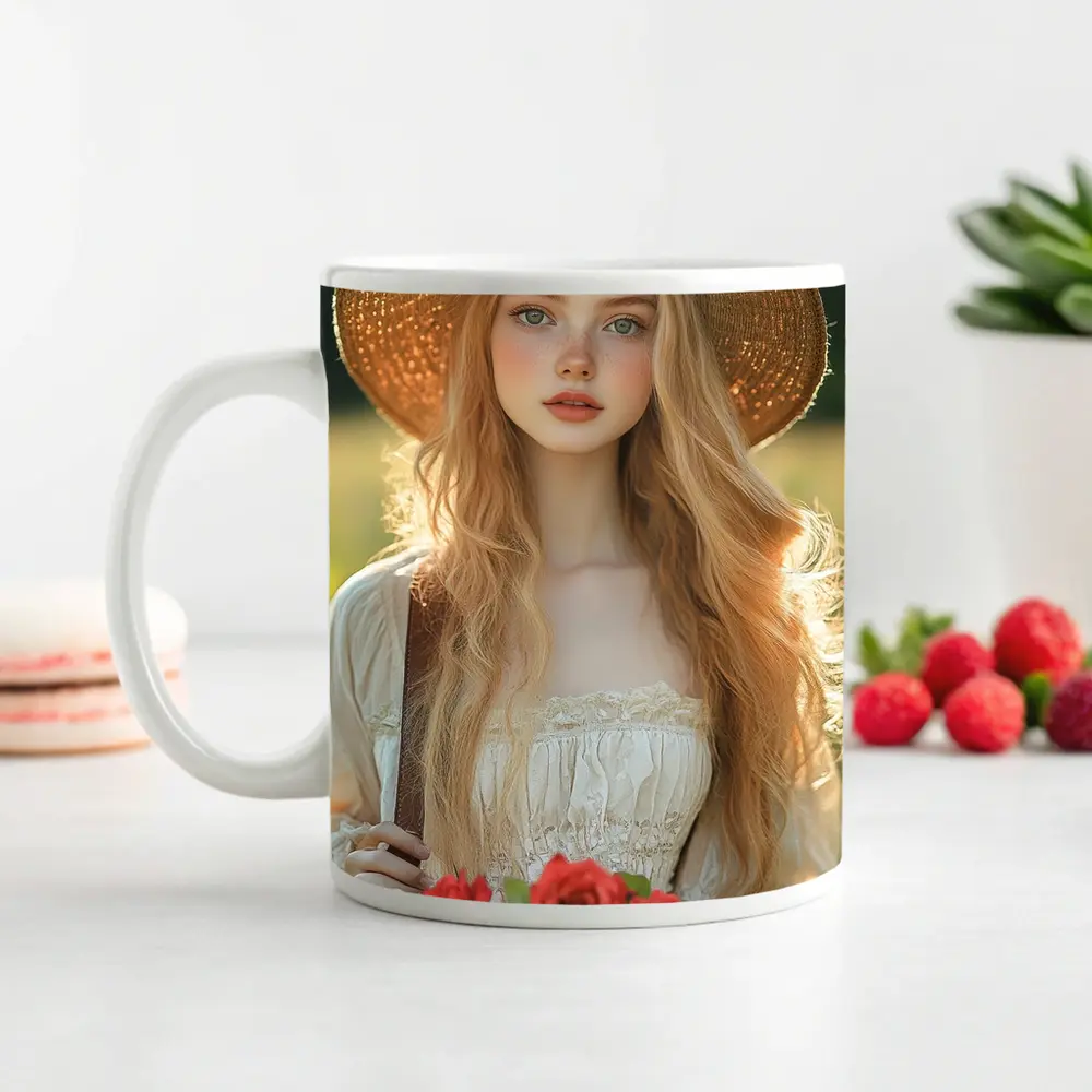 Young Woman Roses Basket Sunny Field – Mugs