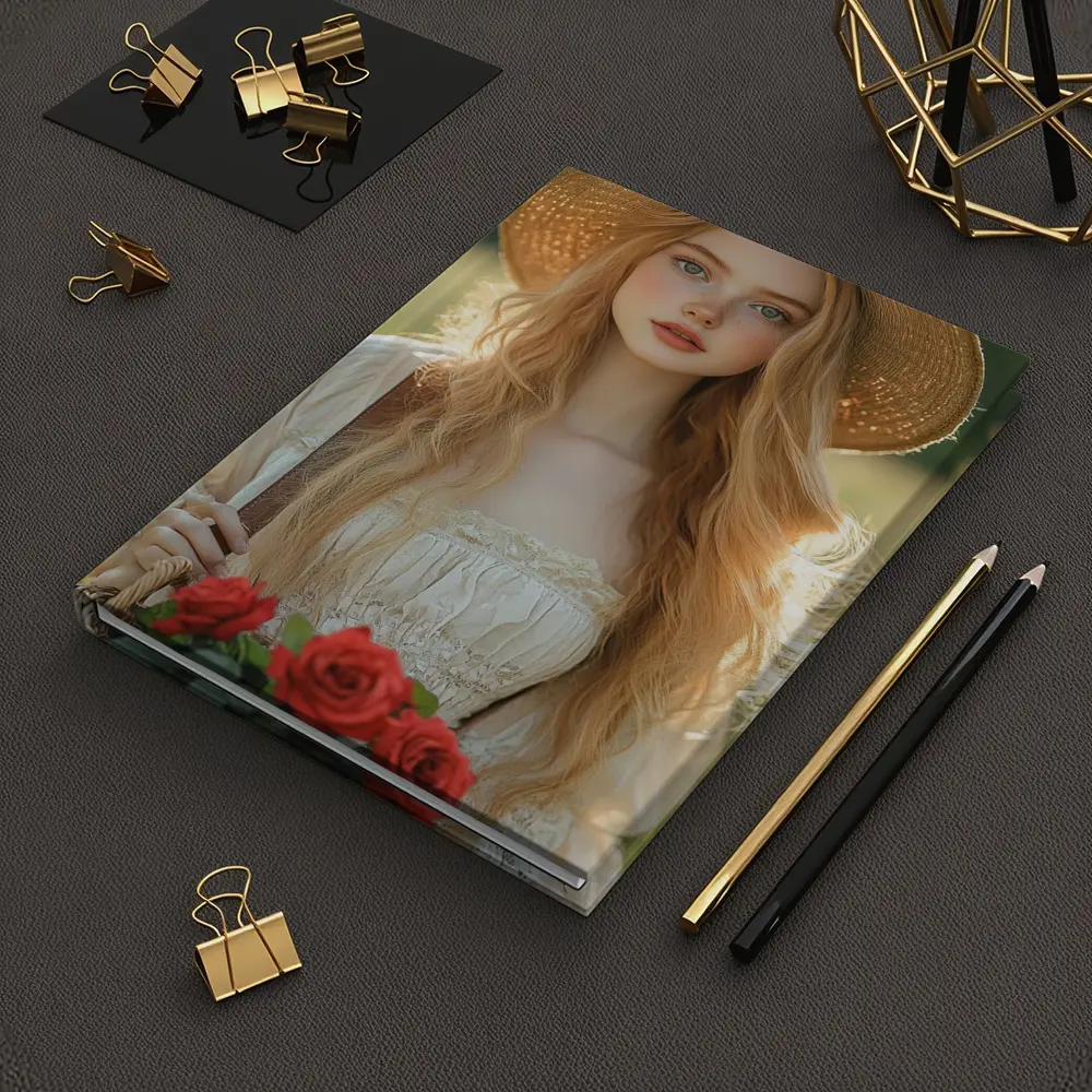 Young Woman Roses Basket Sunny Field – Notebooks
