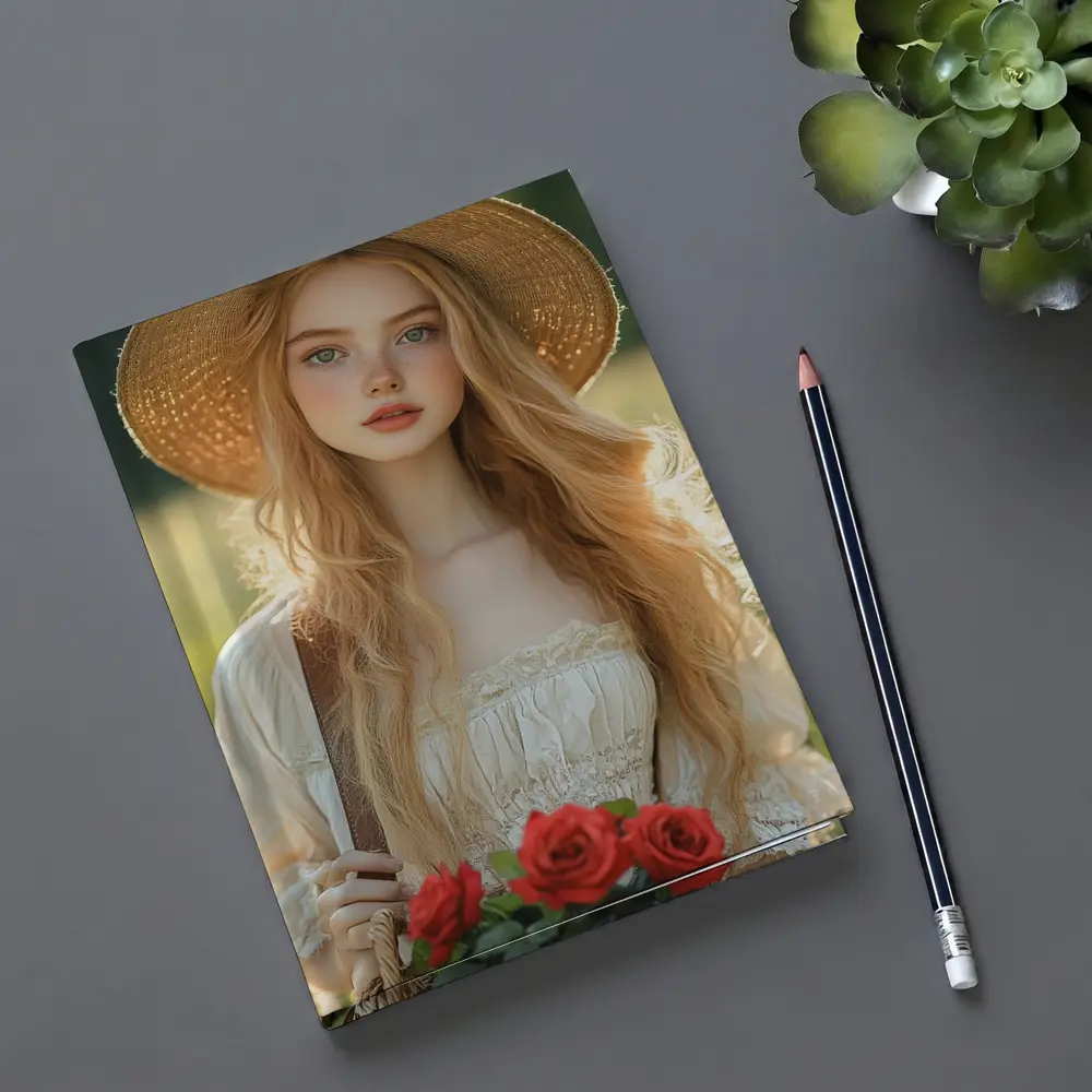 Young Woman Roses Basket Sunny Field – Notebooks