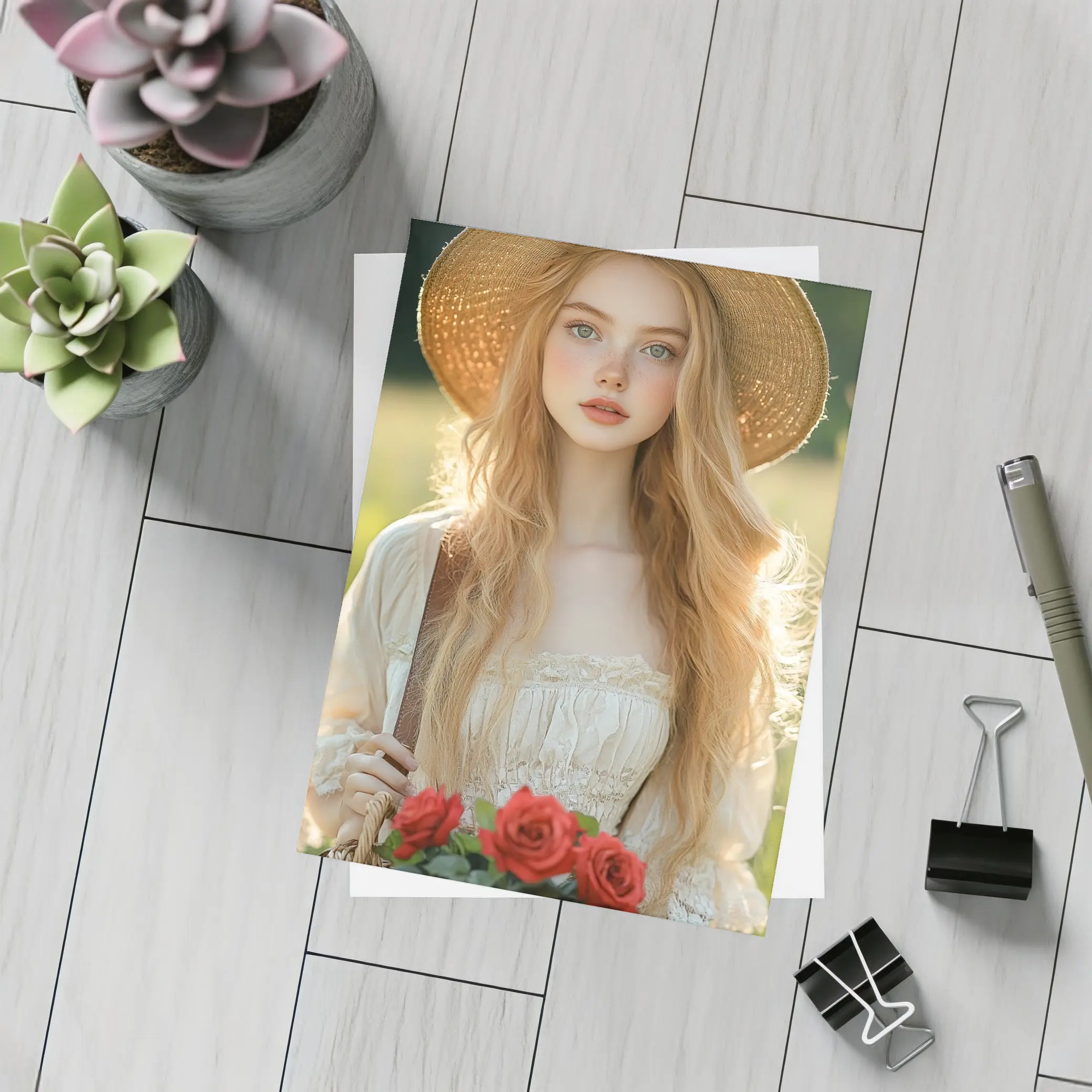 Young Woman Roses Basket Sunny Field – Postcards