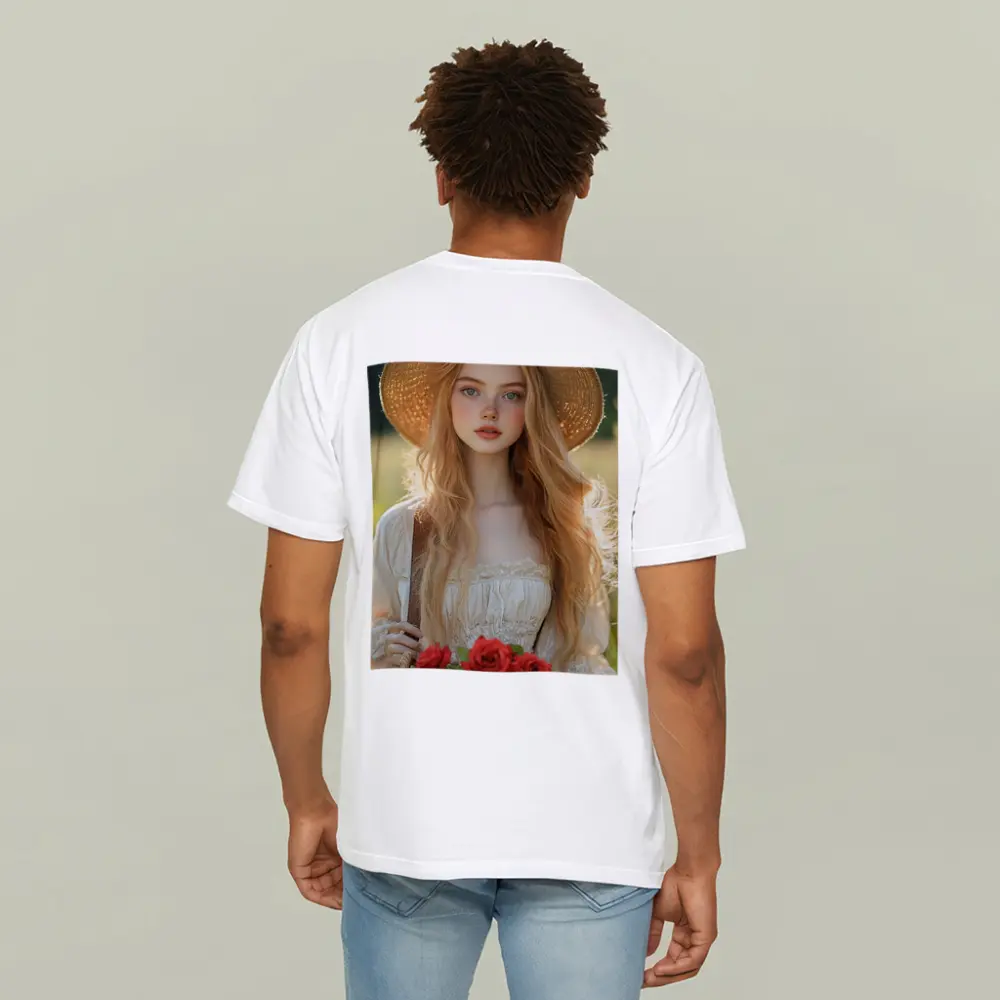 Young Woman Roses Basket Sunny Field – T-Shirts