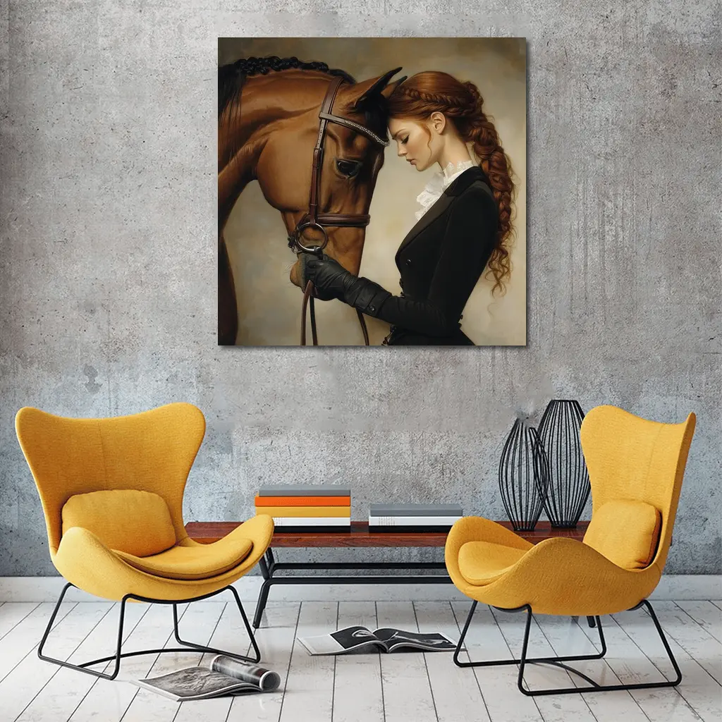 Equestrian Woman With Chestnut Horse Portrait – Wall Art