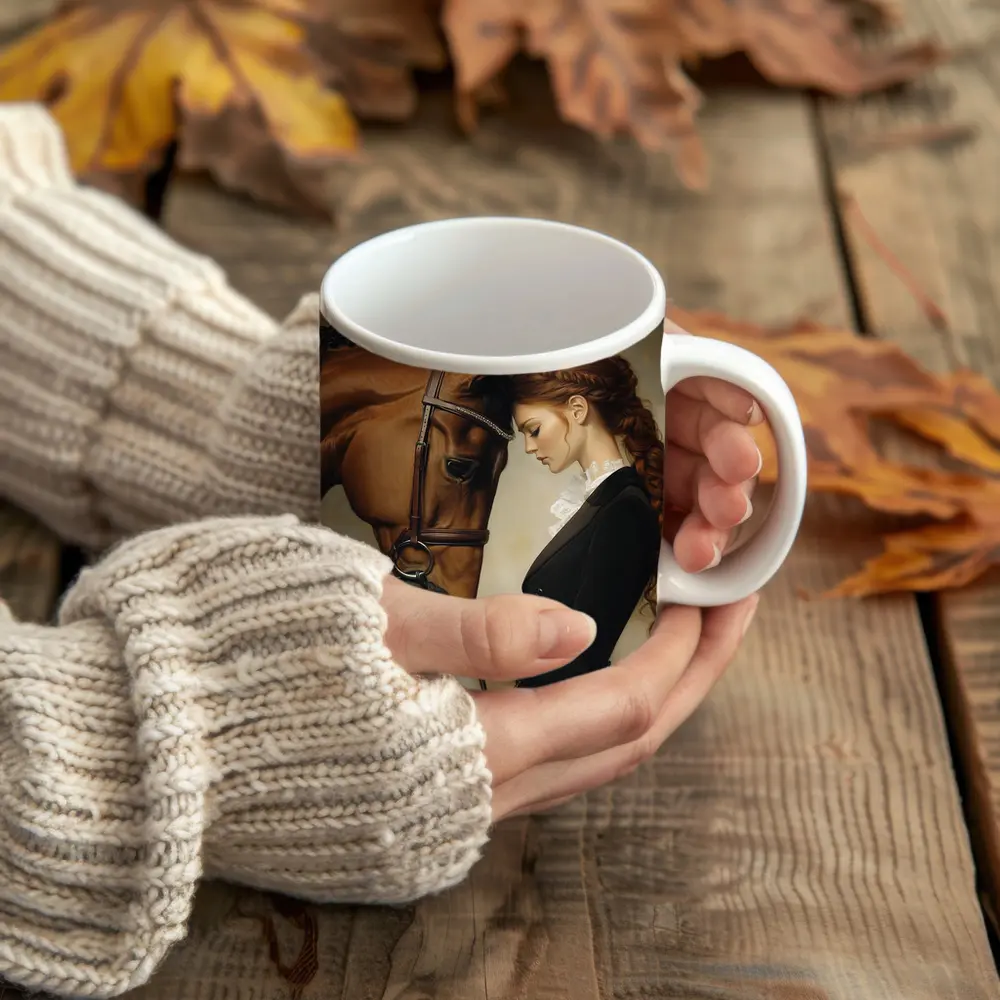 Equestrian Woman With Chestnut Horse Portrait – Mugs