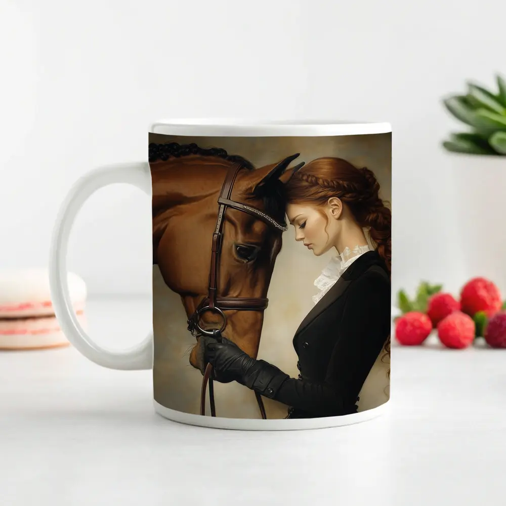 Equestrian Woman With Chestnut Horse Portrait – Mugs
