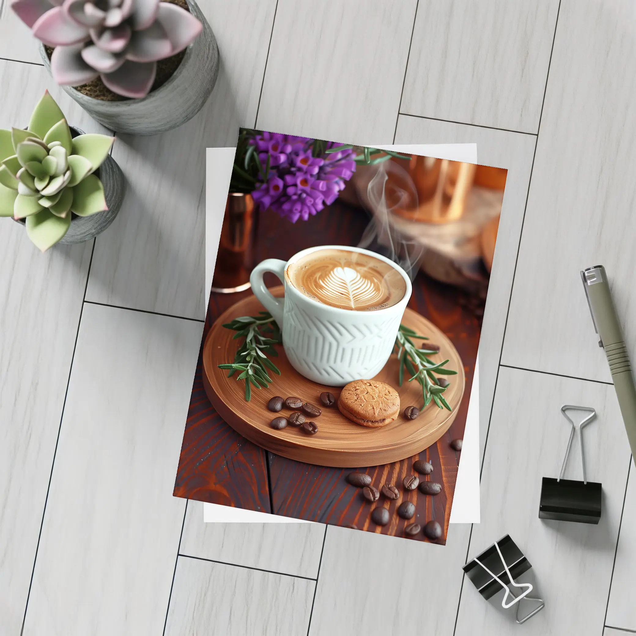 Latte Art Coffee Cup Wooden Tray Setup – Postcards