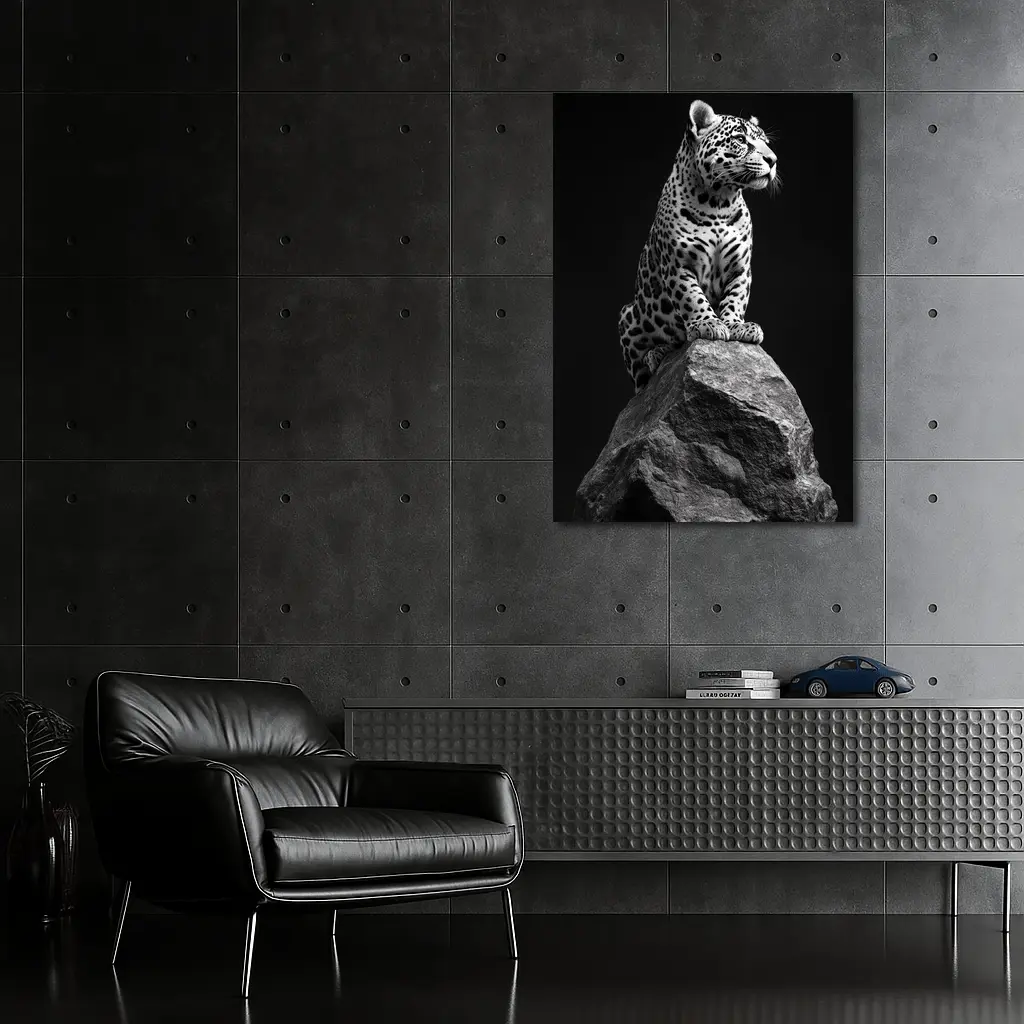 Jaguar Sitting On Rock Black Background – Wall Art
