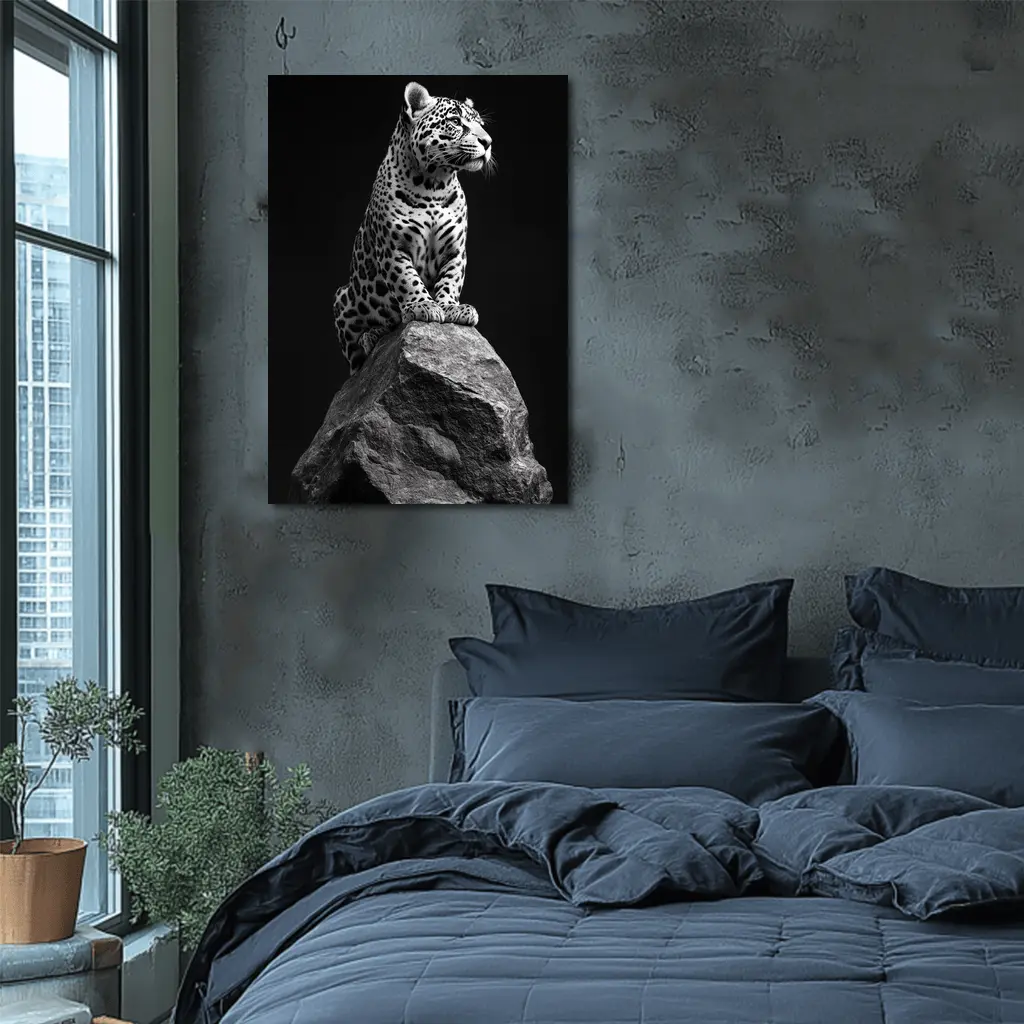 Jaguar Sitting On Rock Black Background – Wall Art