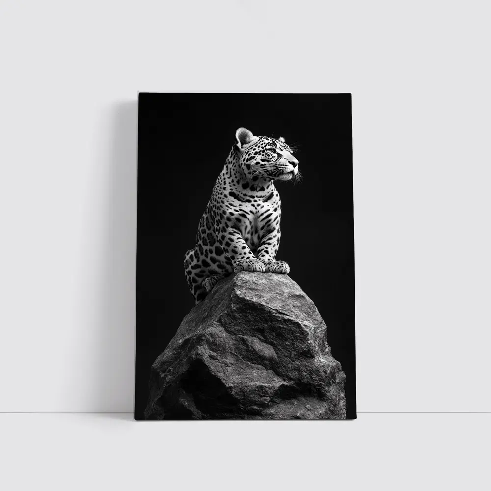 Jaguar Sitting On Rock Black Background – Wall Art