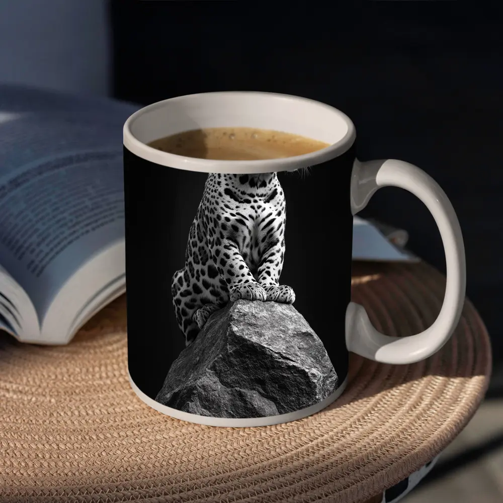 Jaguar Sitting On Rock Black Background – Mugs