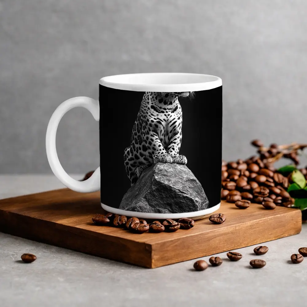 Jaguar Sitting On Rock Black Background – Mugs