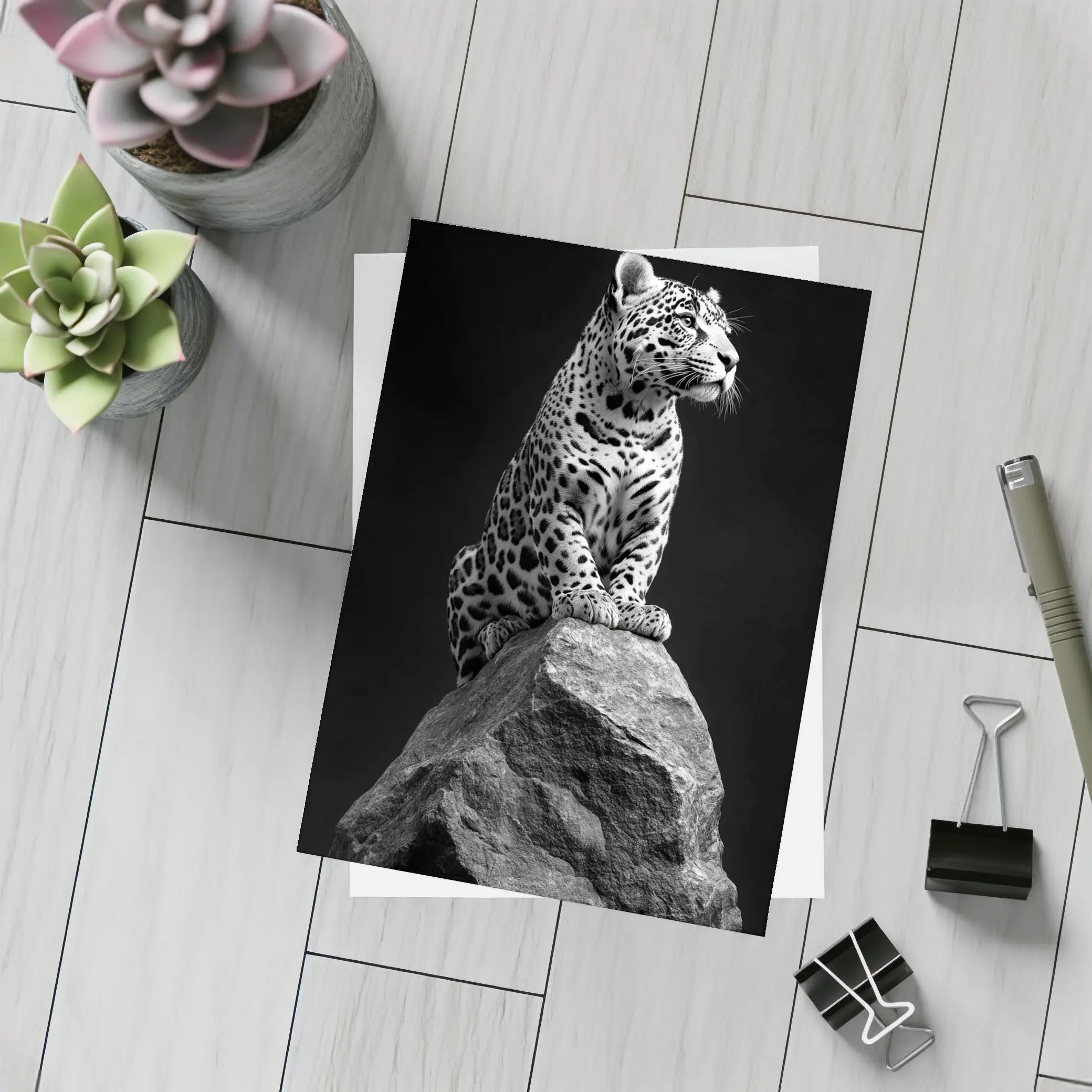 Jaguar Sitting On Rock Black Background – Postcards