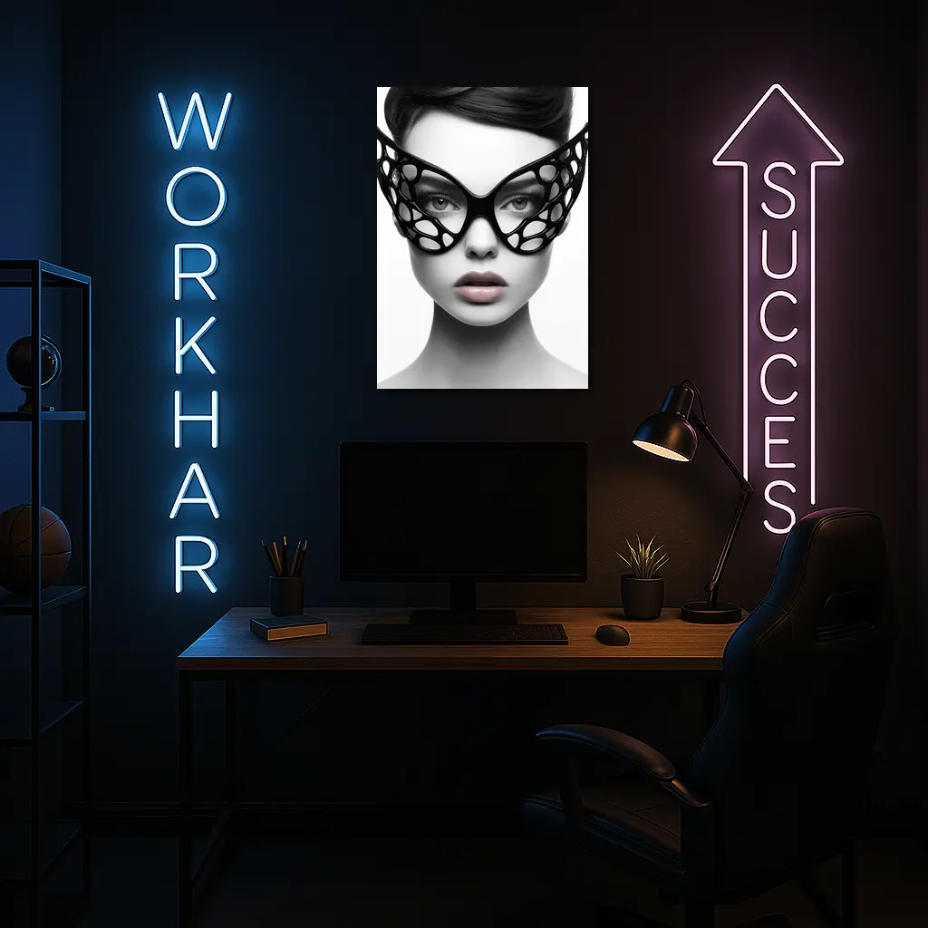 Woman Black Geometric Mask White Background – Wall Art
