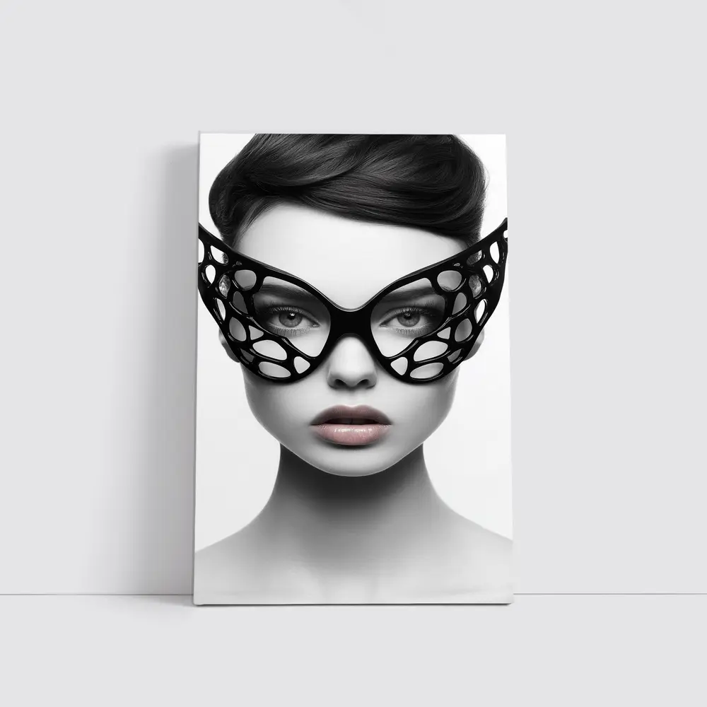 Woman Black Geometric Mask White Background – Wall Art
