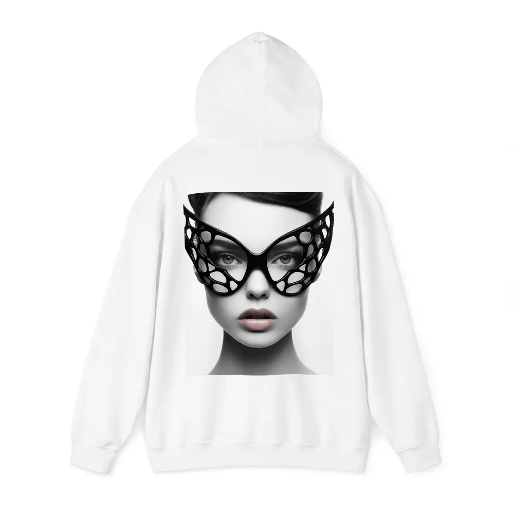 Woman Black Geometric Mask White Background – Hoodies