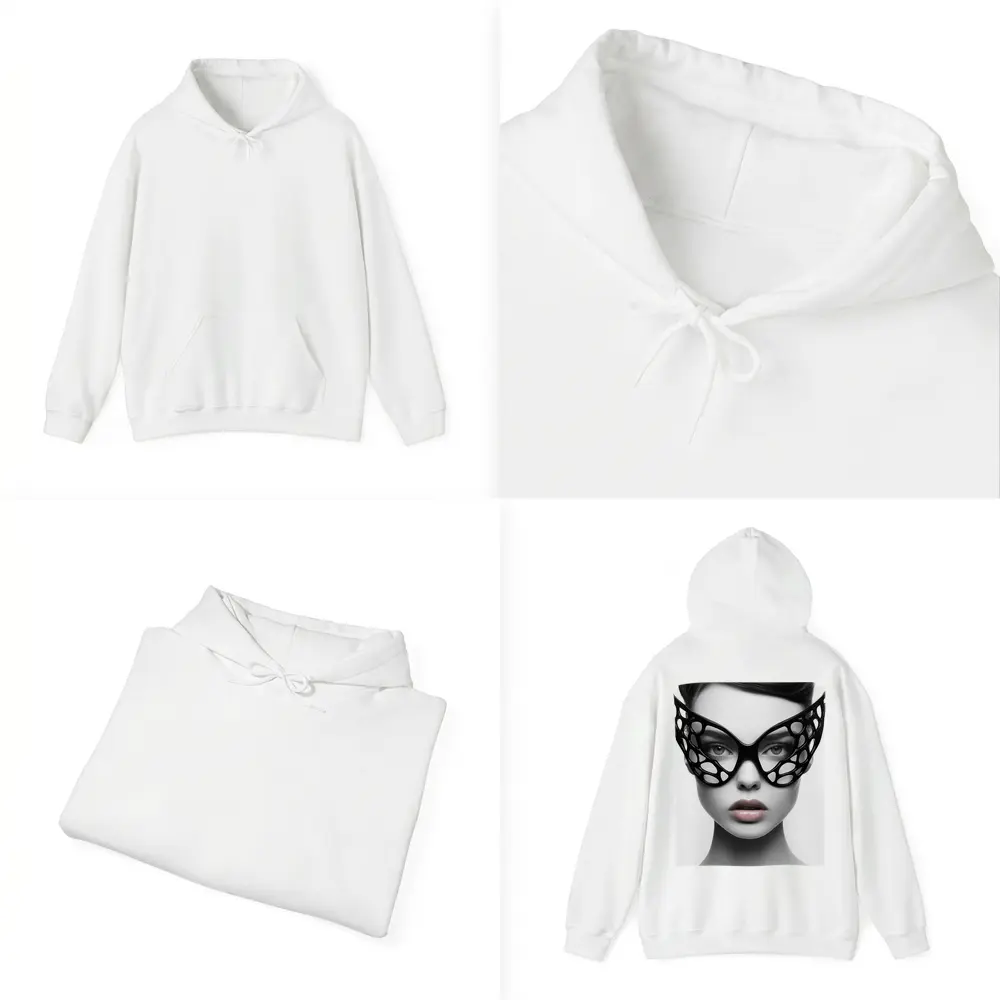 Woman Black Geometric Mask White Background – Hoodies