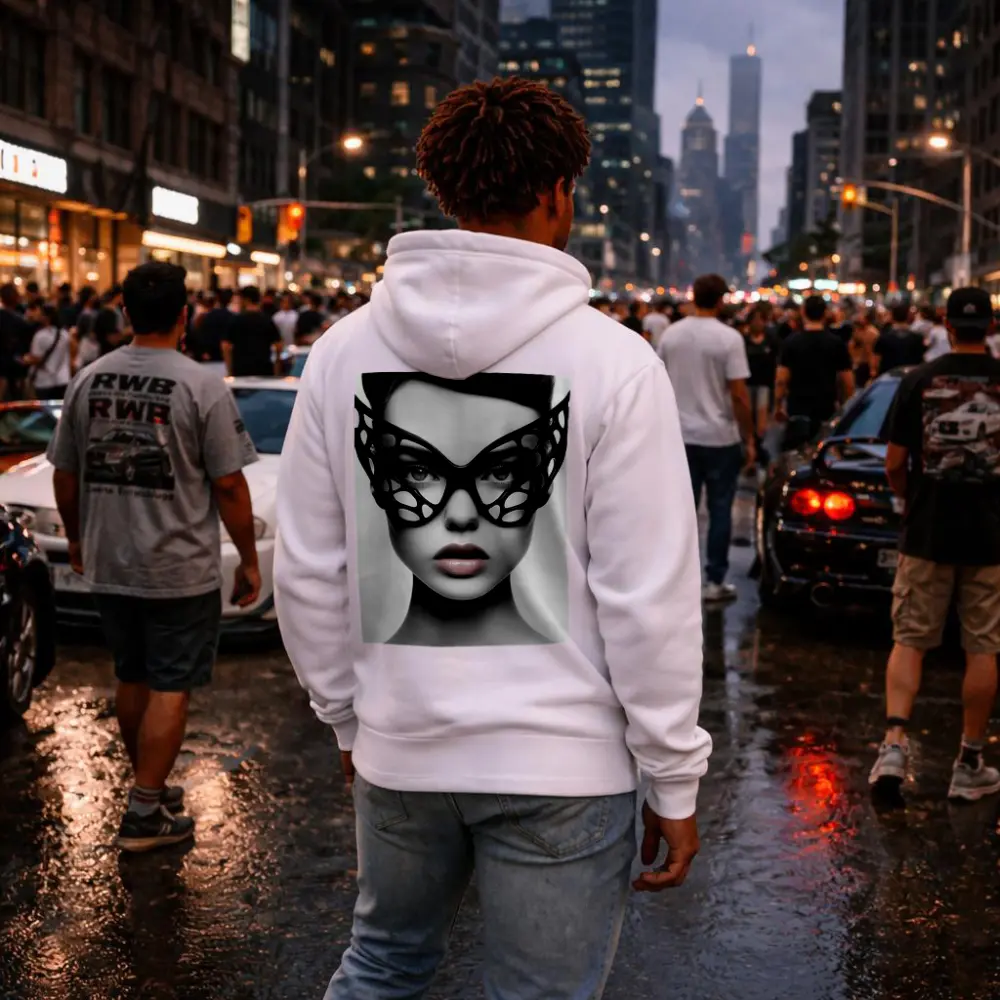 Woman Black Geometric Mask White Background – Hoodies