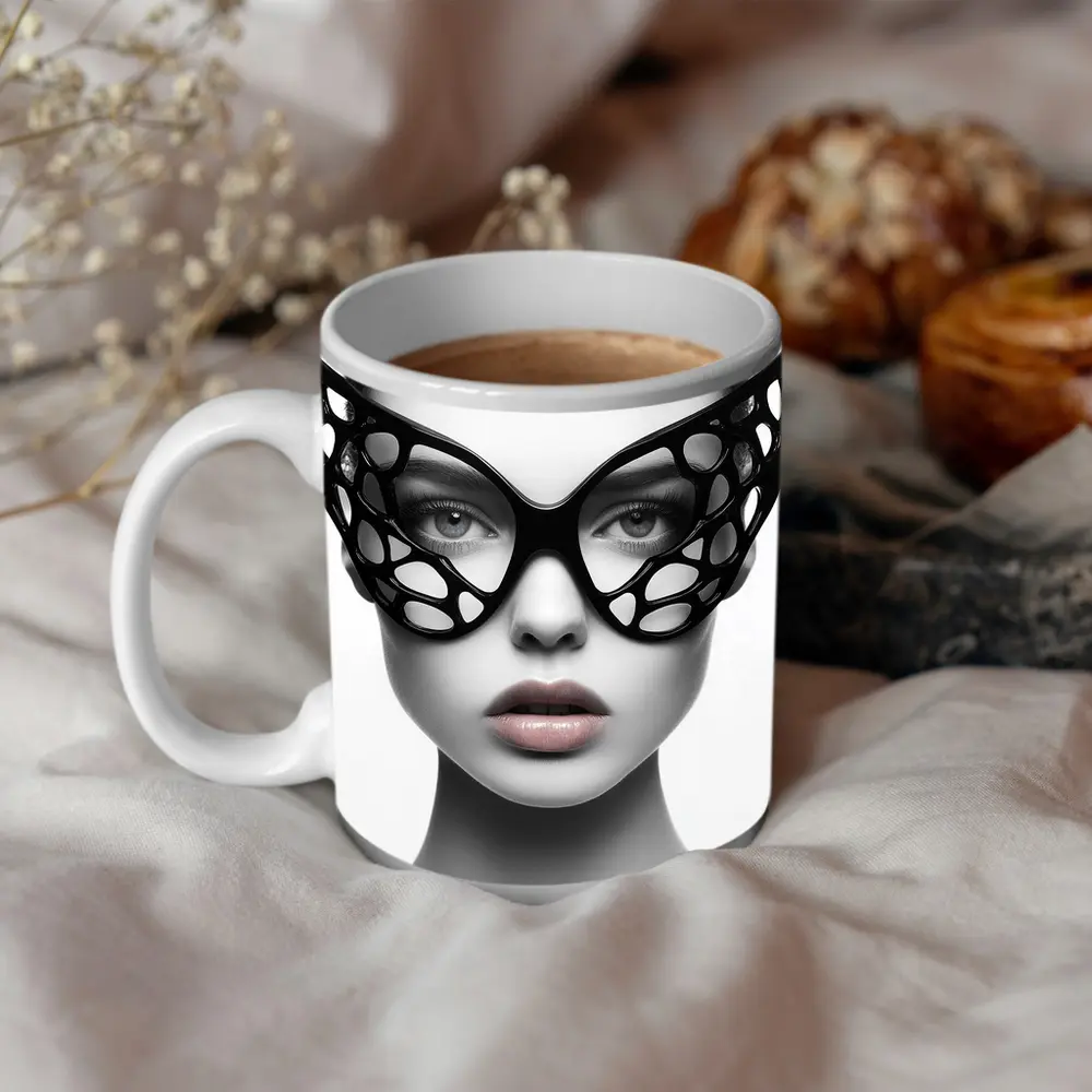 Woman Black Geometric Mask White Background – Mugs