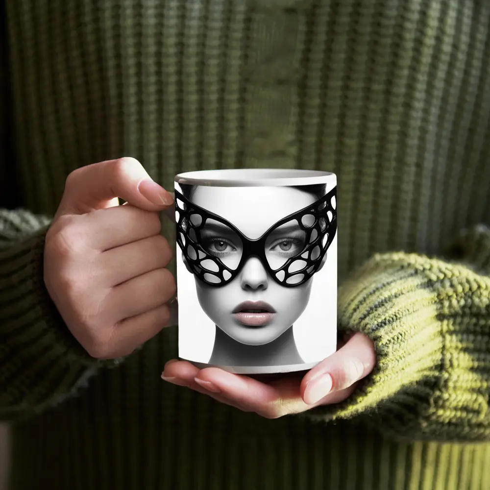Woman Black Geometric Mask White Background – Mugs