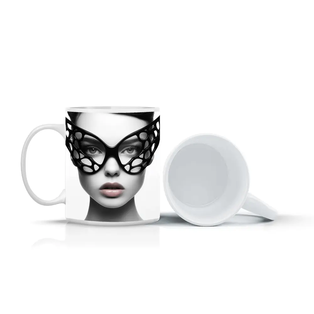 Woman Black Geometric Mask White Background – Mugs