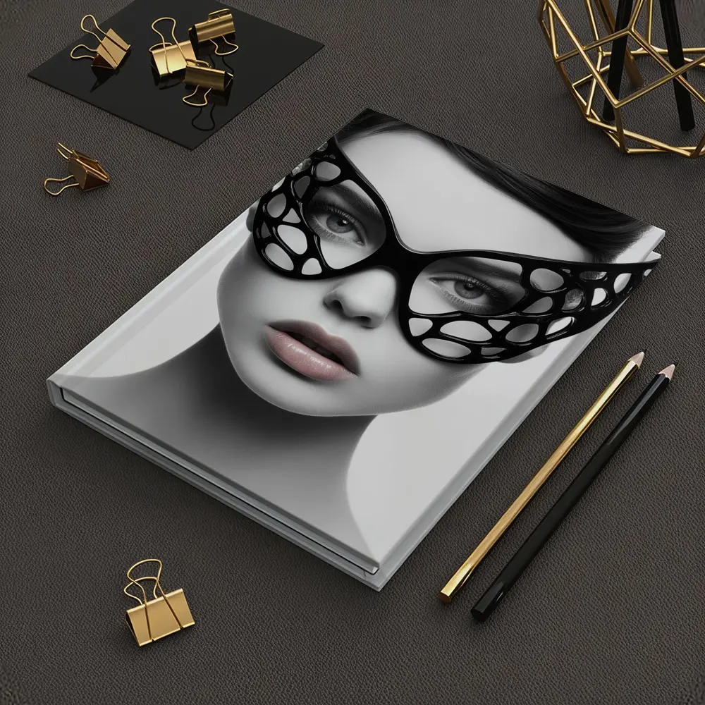 Woman Black Geometric Mask White Background – Notebooks