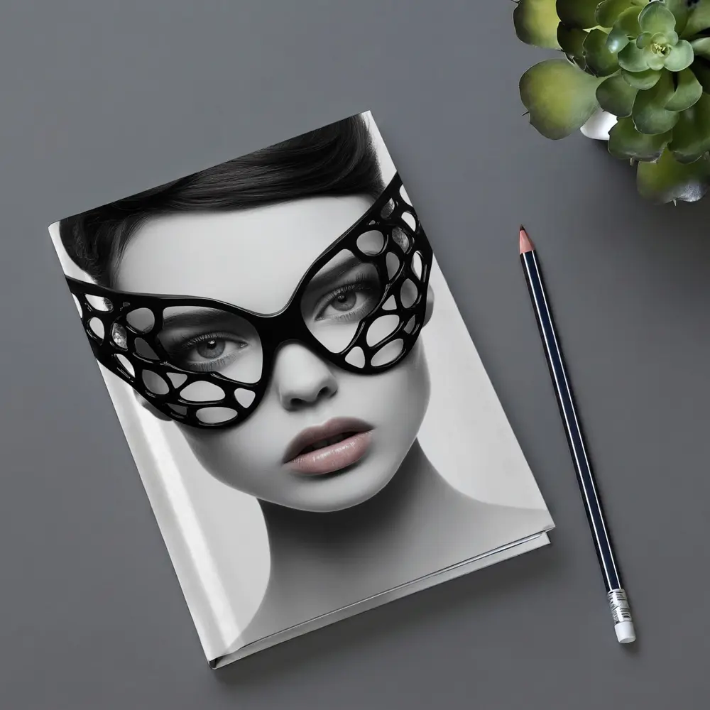 Woman Black Geometric Mask White Background – Notebooks