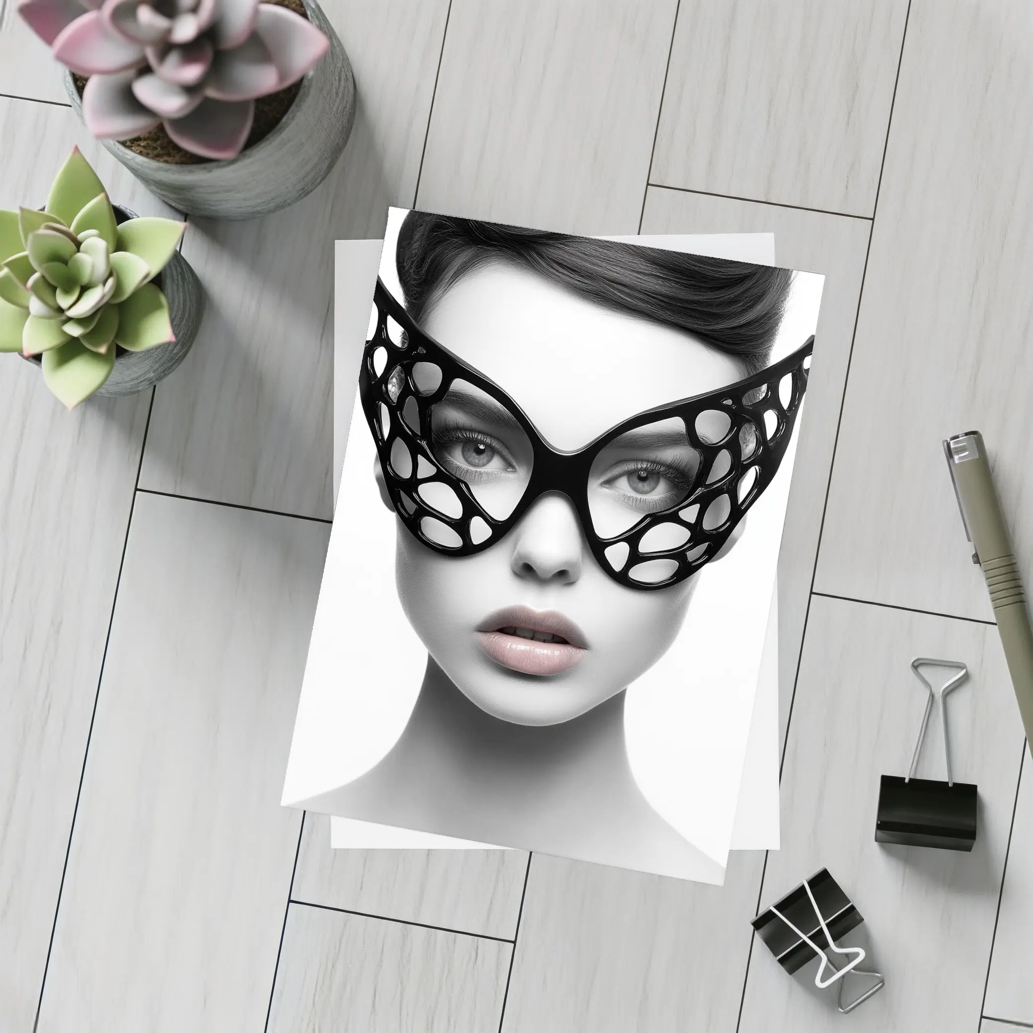 Woman Black Geometric Mask White Background – Postcards