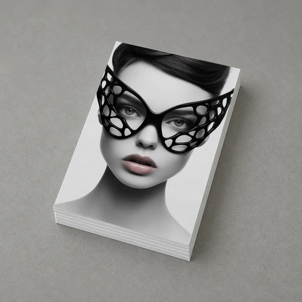 Woman Black Geometric Mask White Background – Postcards