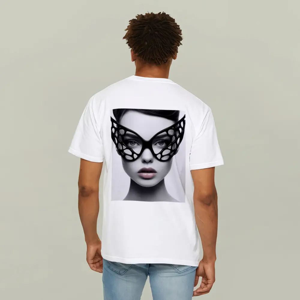 Woman Black Geometric Mask White Background – T-Shirts