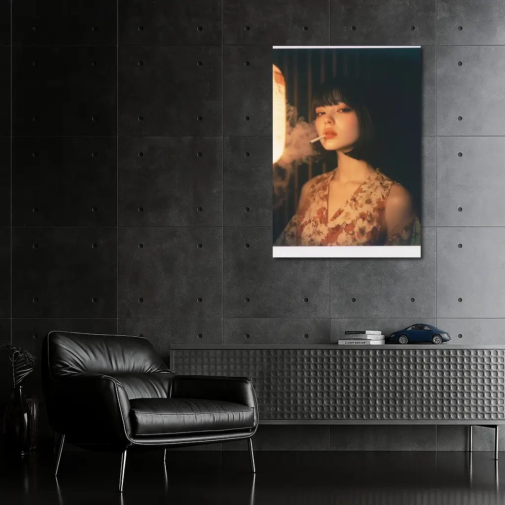 Japanese Woman Smoking Floral Dress Dark Background – Wall Art