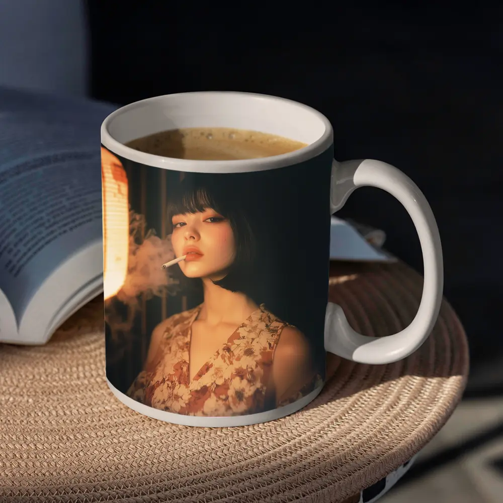 Japanese Woman Smoking Floral Dress Dark Background – Mugs