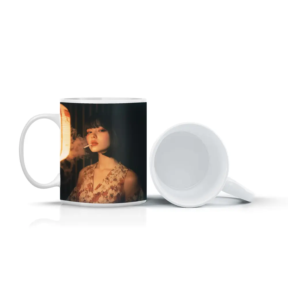 Japanese Woman Smoking Floral Dress Dark Background – Mugs