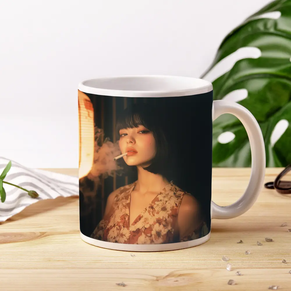 Japanese Woman Smoking Floral Dress Dark Background – Mugs