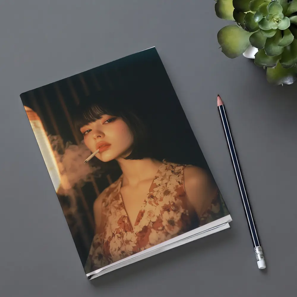 Japanese Woman Smoking Floral Dress Dark Background – Notebooks