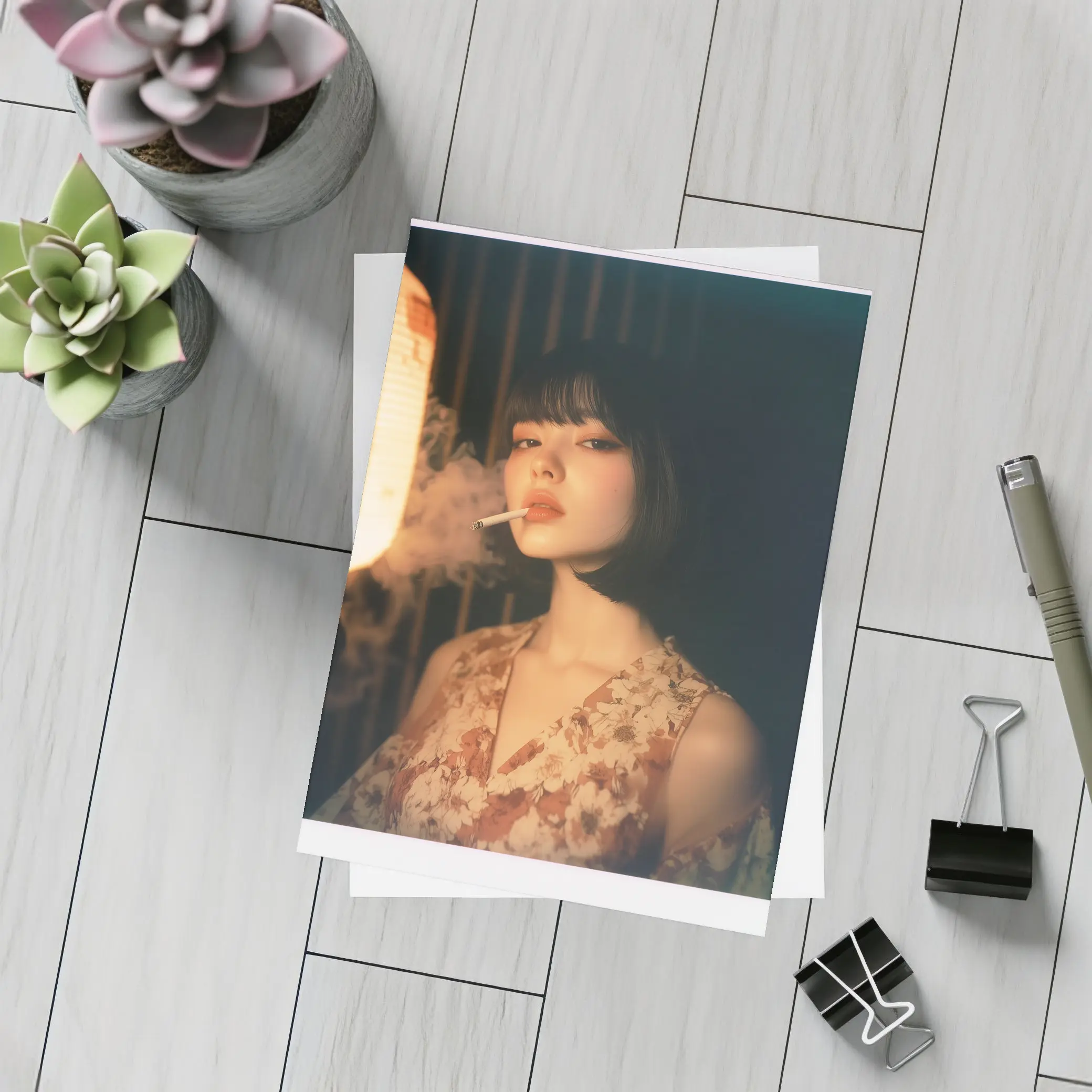 Japanese Woman Smoking Floral Dress Dark Background – Postcards