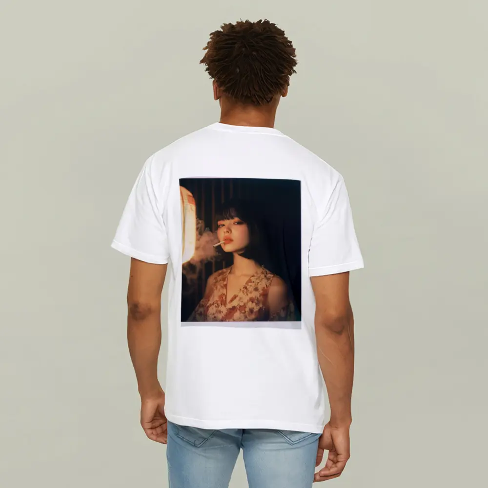 Japanese Woman Smoking Floral Dress Dark Background – T-Shirts