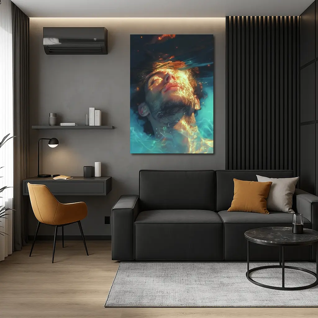 Man Floating Underwater Serene Digital Art – Wall Art