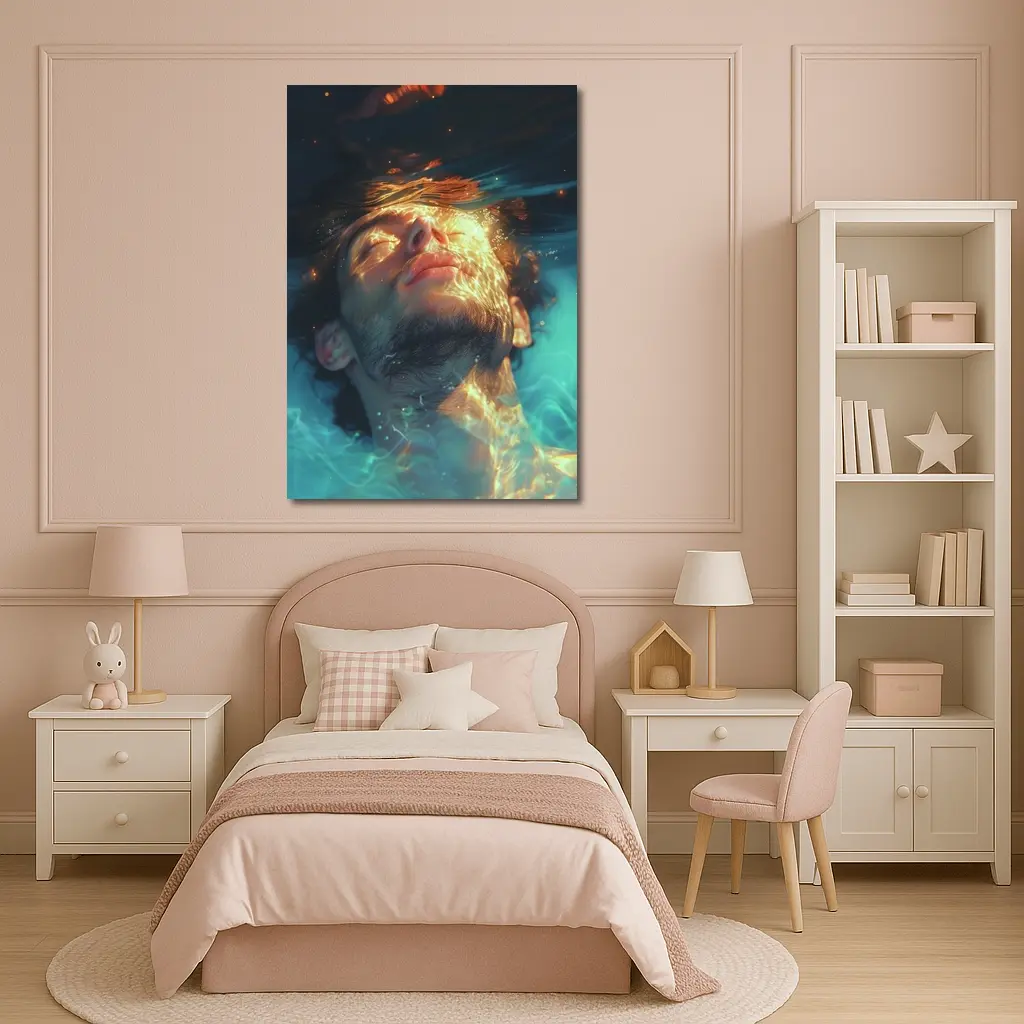Man Floating Underwater Serene Digital Art – Wall Art