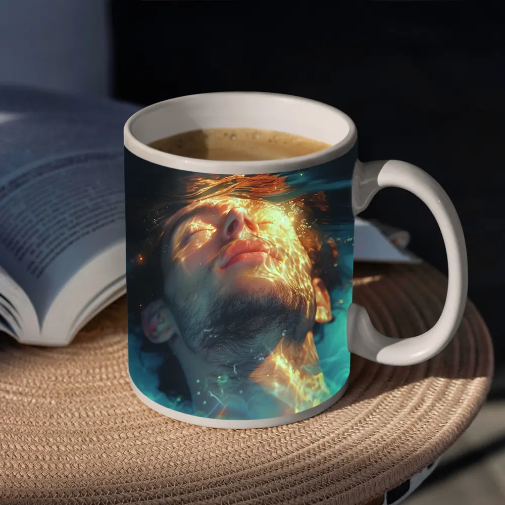 Man Floating Underwater Serene Digital Art – Mugs