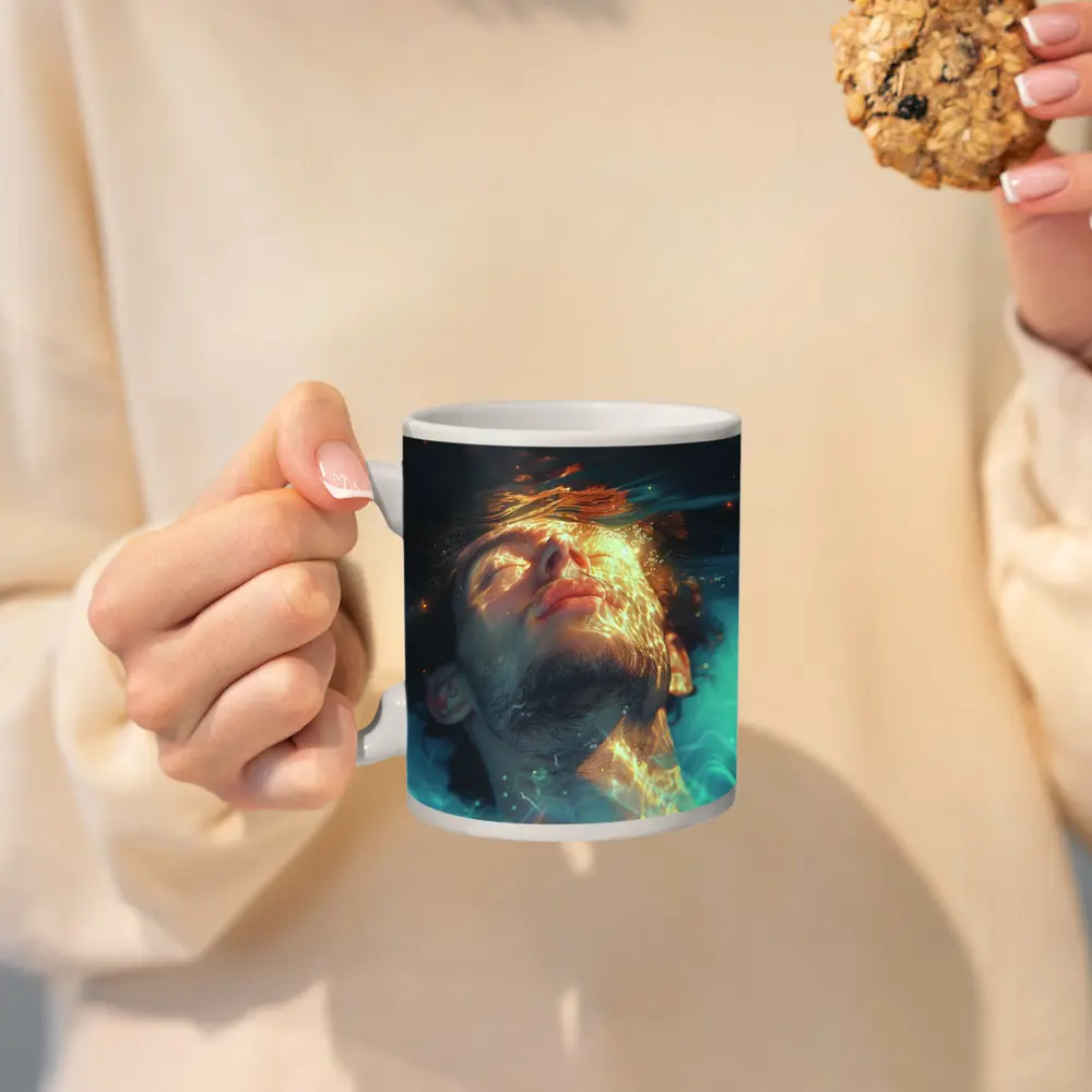 Man Floating Underwater Serene Digital Art – Mugs