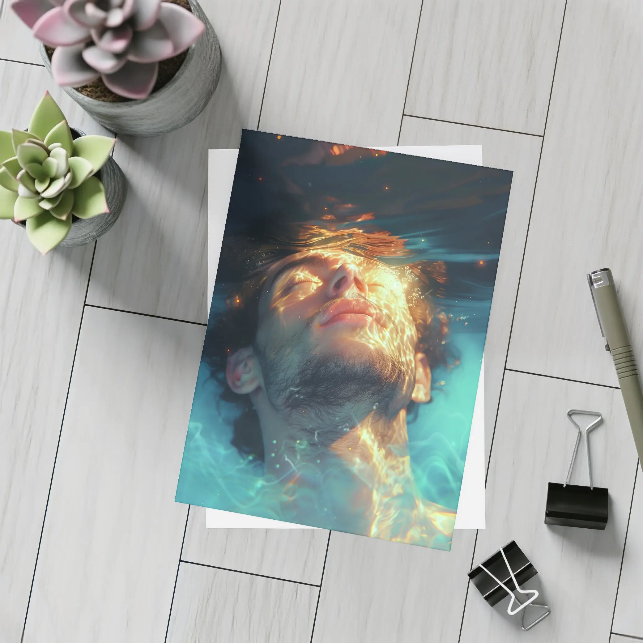 Man Floating Underwater Serene Digital Art – Postcards