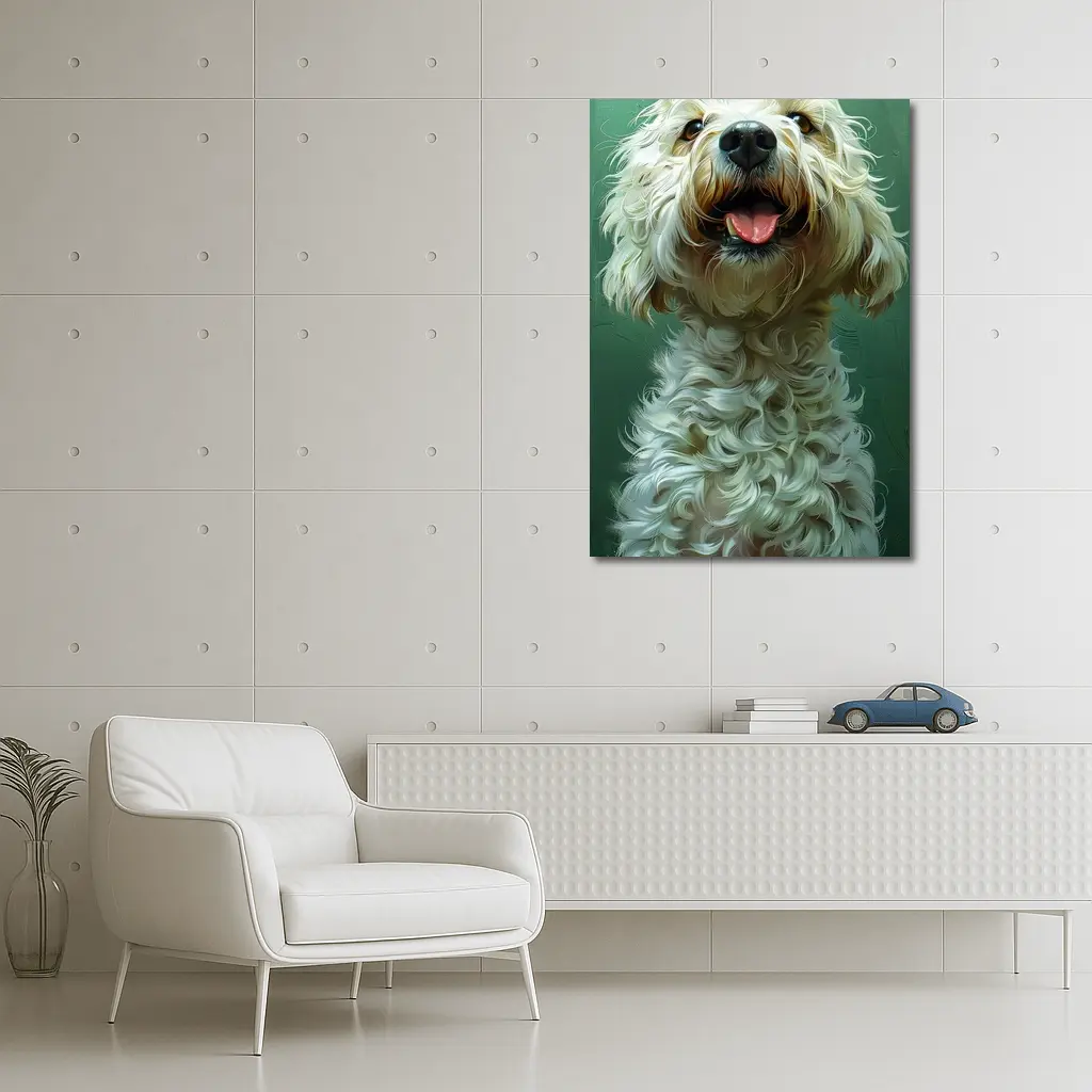 Fluffy Goldendoodle Dog Green Background Art – Wall Art