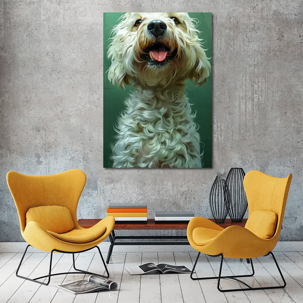 Fluffy Goldendoodle Dog Green Background Art – Wall Art