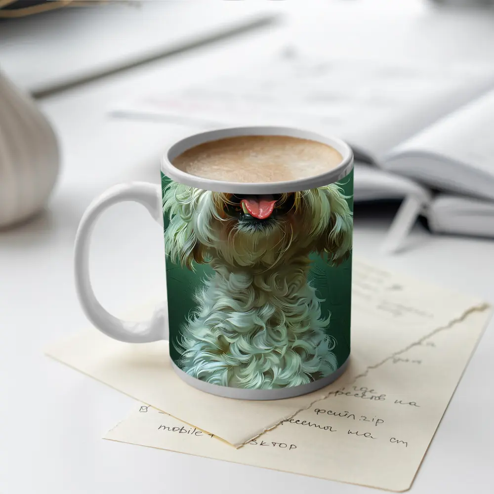 Fluffy Goldendoodle Dog Green Background Art – Mugs