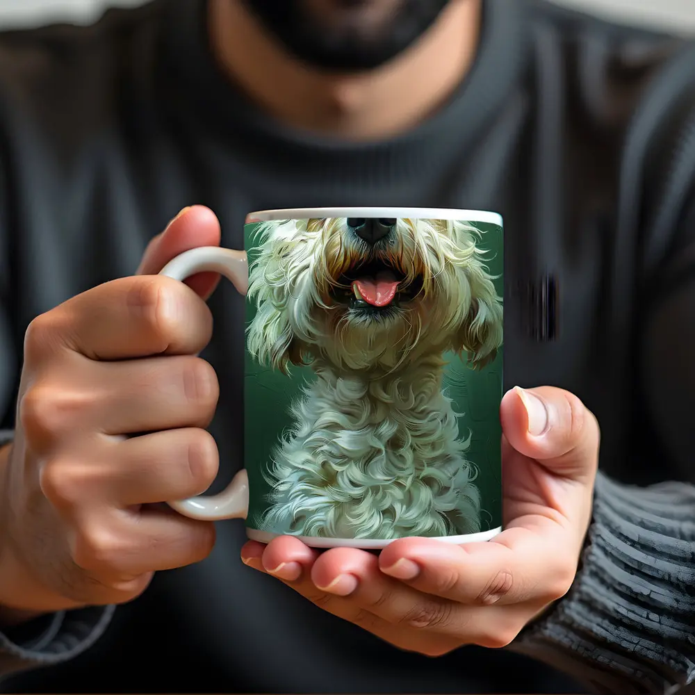 Fluffy Goldendoodle Dog Green Background Art – Mugs