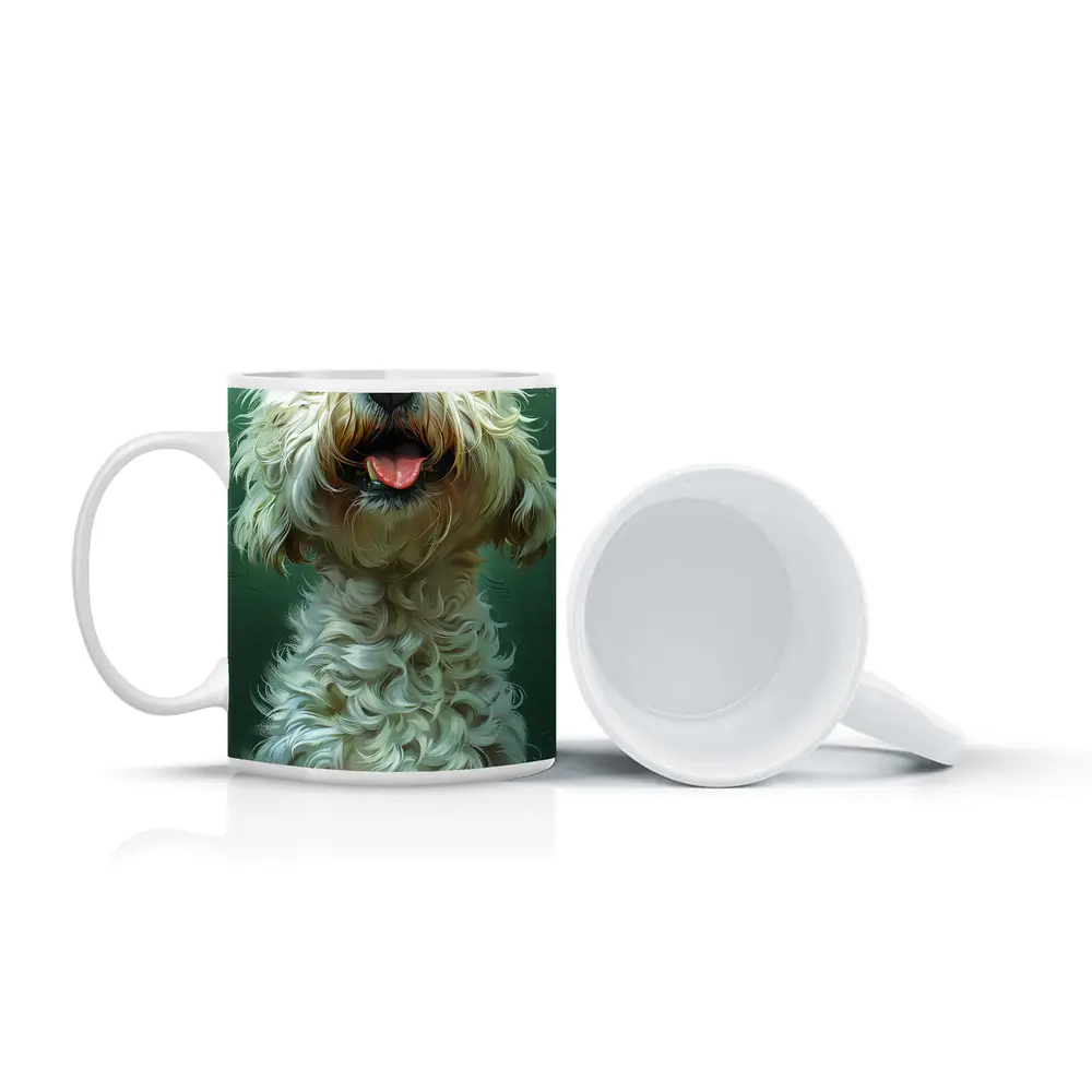Fluffy Goldendoodle Dog Green Background Art – Mugs