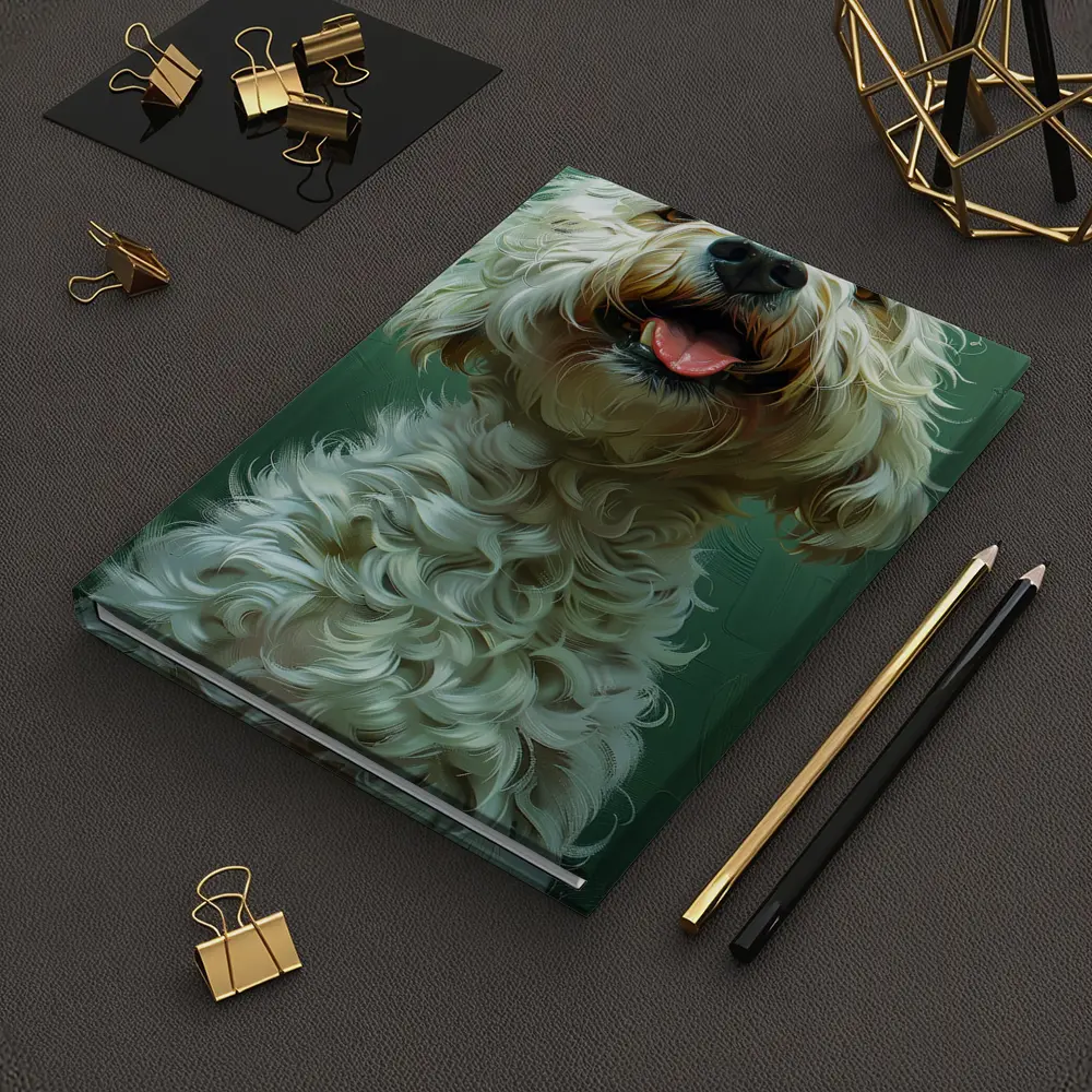 Fluffy Goldendoodle Dog Green Background Art – Notebooks