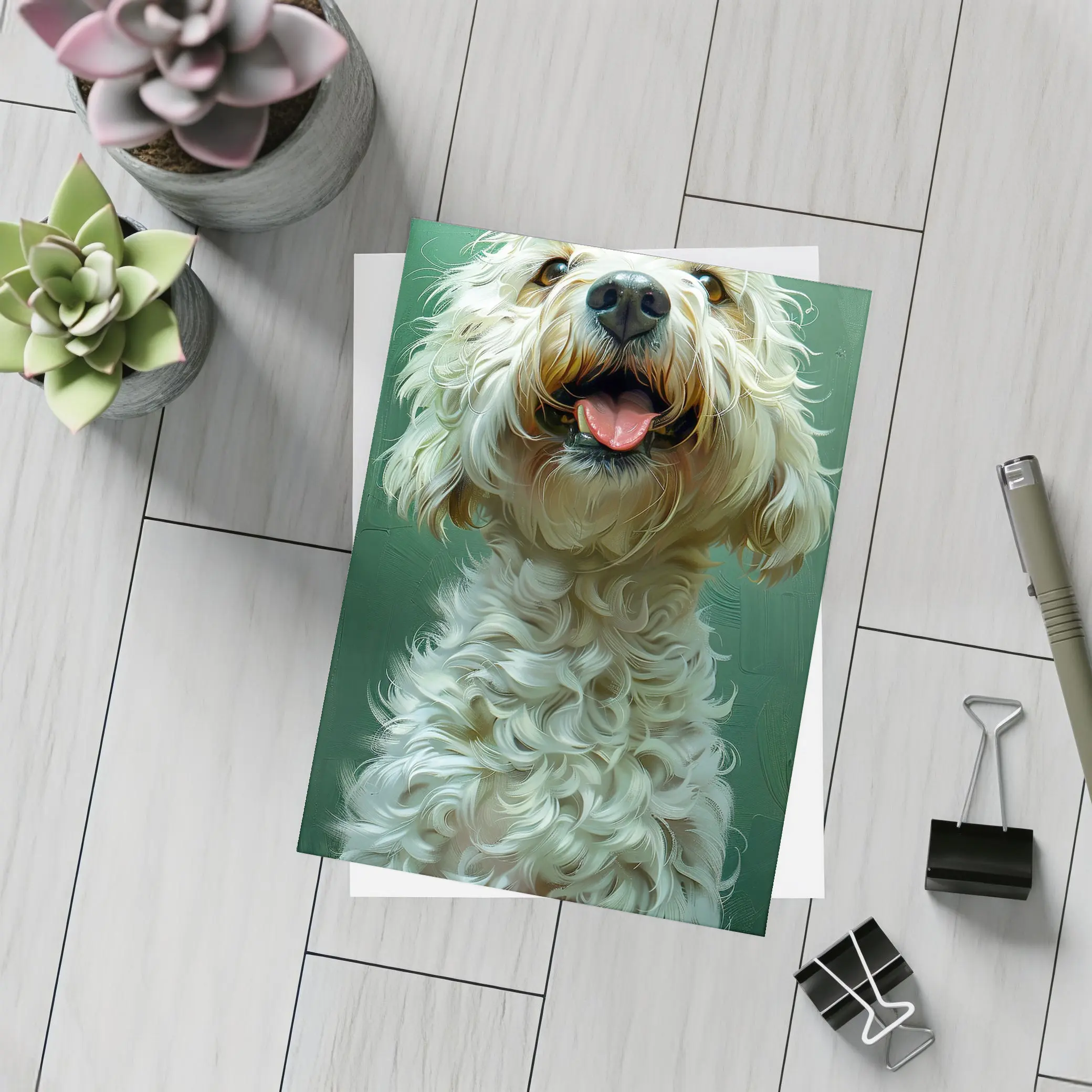 Fluffy Goldendoodle Dog Green Background Art – Postcards