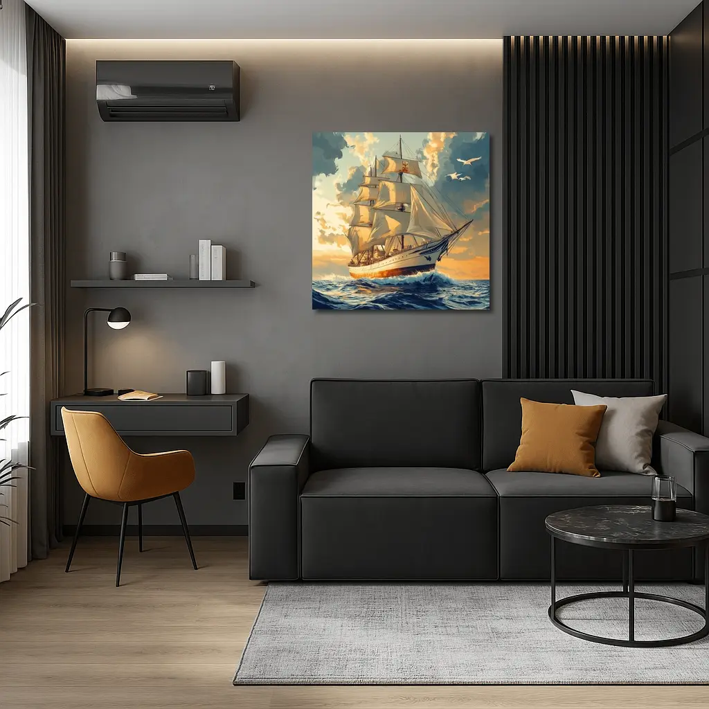 Tall Ship Sailing Ocean Golden Sky Art – Wall Art
