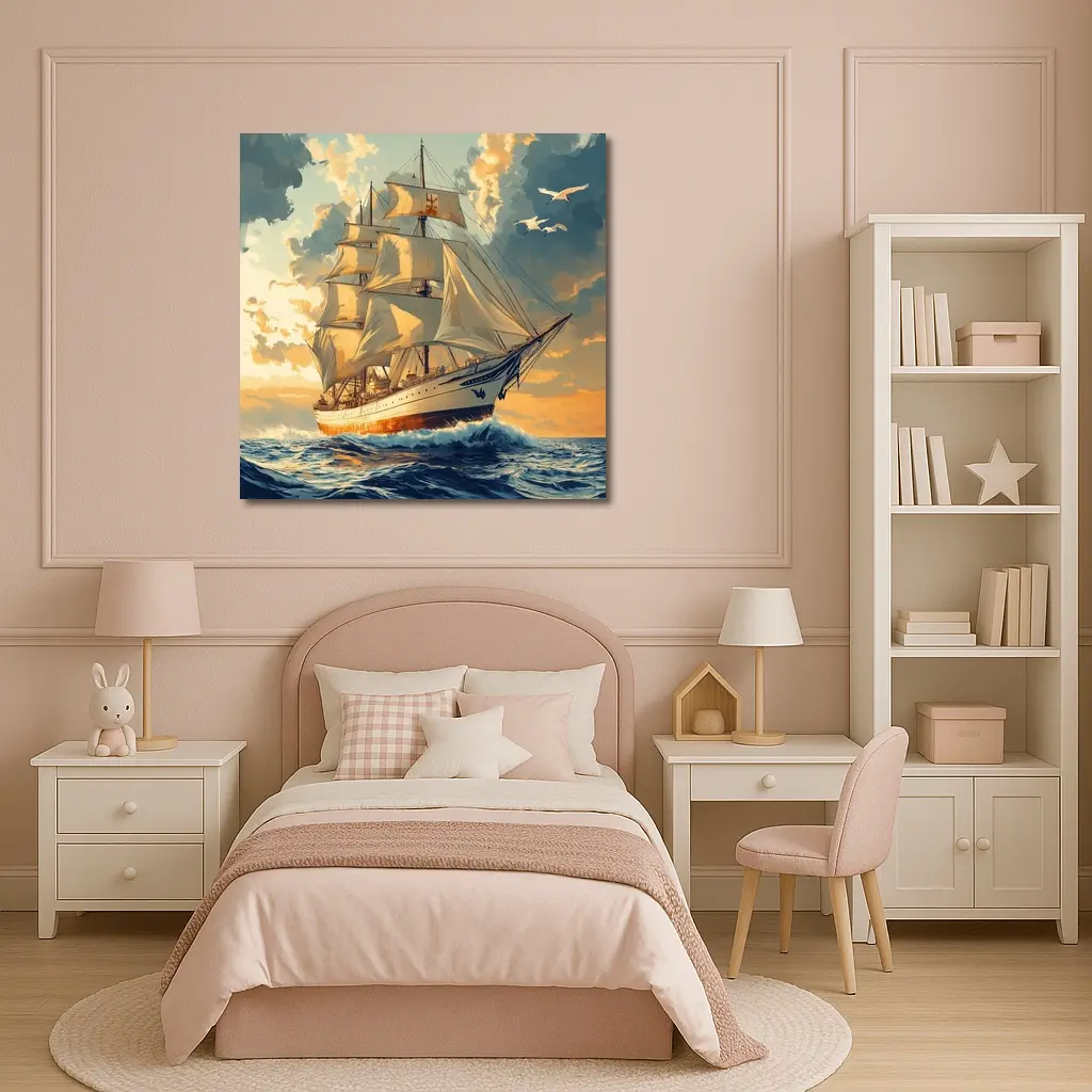 Tall Ship Sailing Ocean Golden Sky Art – Wall Art